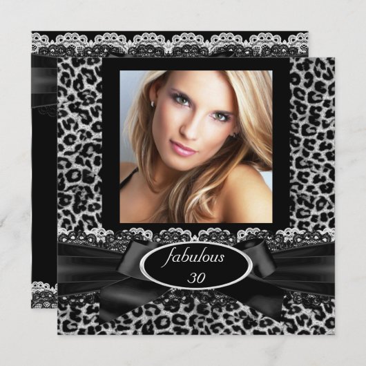 素晴らしい30白黒レオパード写真誕生日 招待状 (正面/裏面)