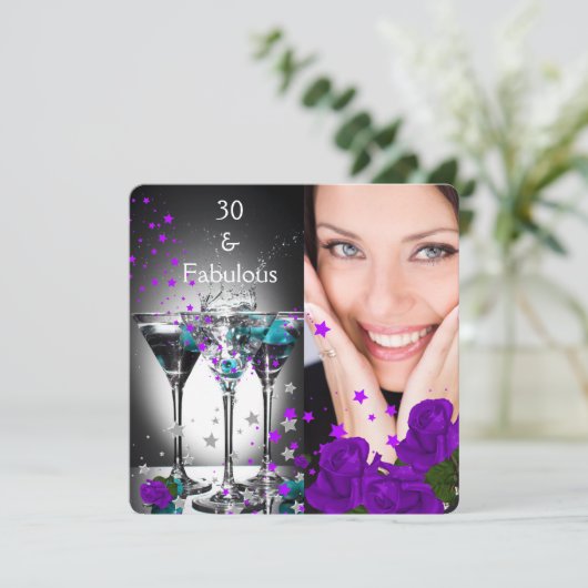 素晴らしい30誕生日ティール(緑がかった色)パープルバラ写真2 招待状 (スタンド正面)