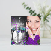 素晴らしい30誕生日ティール(緑がかった色)パープルバラ写真3 招待状 (スタンド正面)