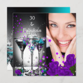 素晴らしい30誕生日ティール（緑がかった色）パープルバラ写真 招待状 (正面/裏面)