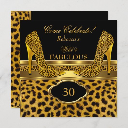 素晴らしい30野生ヒョウ金ゴールドチーズハイヒール 招待状 (正面/裏面)