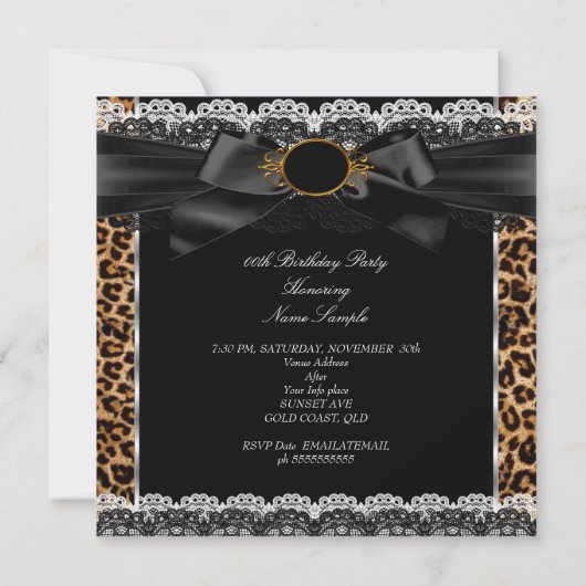 素晴らしい30金ゴールドブラックレオパード誕生日パーティー 招待状 (裏面)
