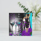 素晴らしい30 30th誕生日ティール(緑がかった色)パープルバラ 招待状 (スタンド正面)