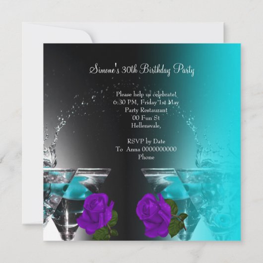 素晴らしい30 30th誕生日ティール(緑がかった色)パープルバラ 招待状 (裏面)