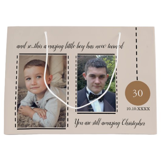 素晴らしい30th誕生日の名前の日付ベージュの茶色の写真 ラージペーパーバッグ (正面)
