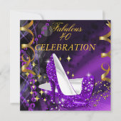 素晴らしい40ウーマンズパープル金ゴールドヒール誕生日 招待状 (正面)