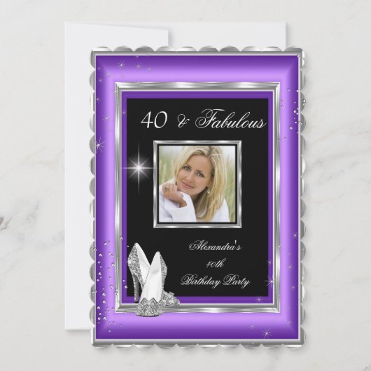 素晴らしい40パーティーフォトパープルシルバーハイヒール 招待状 (正面)