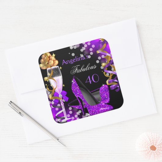 素晴らしい40パープルヒール金ゴールドバブル誕生日 スクエアシール (封筒)