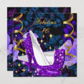 素晴らしい40パープル金ゴールドハイヒールフローラ誕生日 招待状 (正面/裏面)