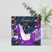 素晴らしい40パープル金ゴールドハイヒールフローラ誕生日 招待状 (スタンド正面)