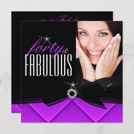 素晴らしい40フォトパープルブラック誕生日パーティー 招待状 (正面/裏面)