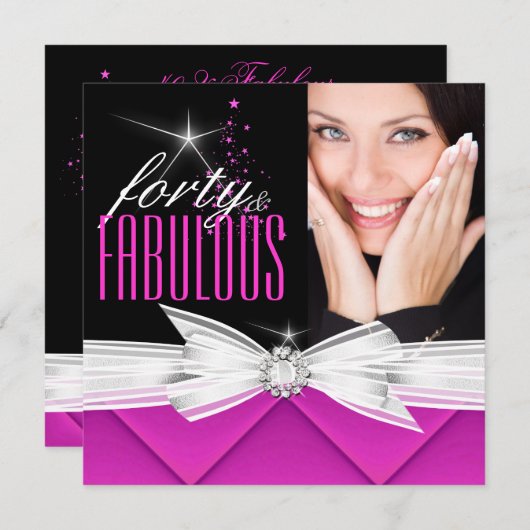 素晴らしい40フォトピンク白黒エレガントパーティー3 招待状 (正面/裏面)