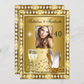 素晴らしい40フォト金ゴールドグラムハリウッド誕生日4 招待状 (正面/裏面)