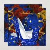 素晴らしい40ブルー王室の金ゴールドヒールフローラ誕生日 招待状 (正面/裏面)
