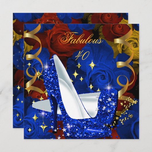 素晴らしい40ブルー王室の金ゴールドヒールフローラ誕生日 招待状 (正面/裏面)