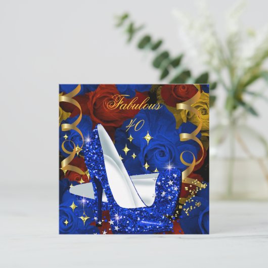 素晴らしい40ブルー王室の金ゴールドヒールフローラ誕生日 招待状 (スタンド正面)