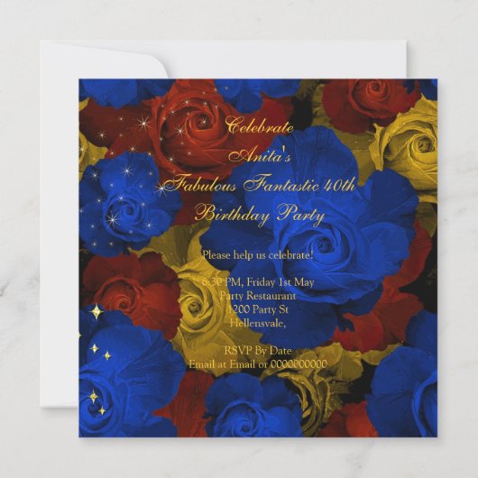 素晴らしい40ブルー王室の金ゴールドヒールフローラ誕生日 招待状 (裏面)