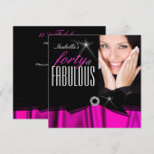 素晴らしい40ホットピンクシルクブラックエレガント誕生日2 招待状 (正面/裏面)