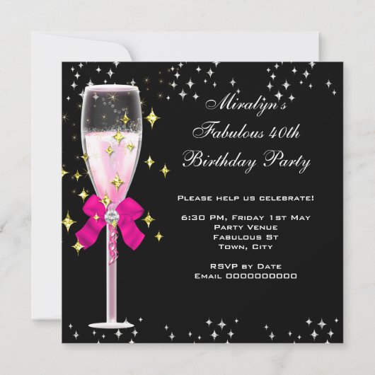 素晴らしい40ホットピンク金ゴールドバブルグリッターパーティー2 招待状 (裏面)