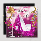 素晴らしい40ホットピンク金ゴールドバブルグリッターパーティー3 招待状 (正面/裏面)