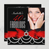 素晴らしい40レッド白黒パールフォト誕生日 招待状 (正面/裏面)