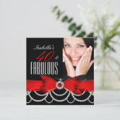 素晴らしい40レッド白黒パールフォト誕生日 招待状 (スタンド正面)