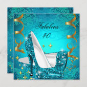素晴らしい40女性のティール（緑がかった色）金ゴールドヒール誕生日2 招待状 (正面/裏面)