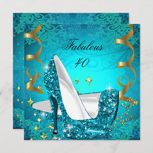 素晴らしい40女性のティール（緑がかった色）金ゴールドヒール誕生日2 招待状 (正面/裏面)