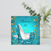 素晴らしい40女性のティール（緑がかった色）金ゴールドヒール誕生日2 招待状 (スタンド正面)