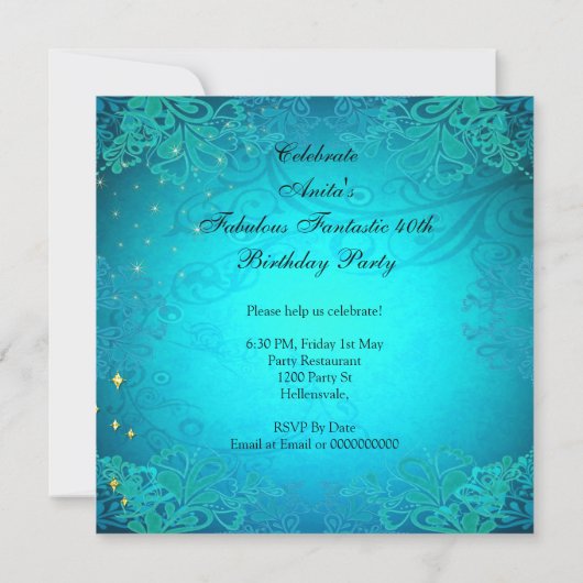 素晴らしい40女性のティール（緑がかった色）金ゴールドヒール誕生日2 招待状 (裏面)