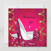 素晴らしい40女性のピンクレッド金ゴールドヒール誕生日 招待状 (正面)