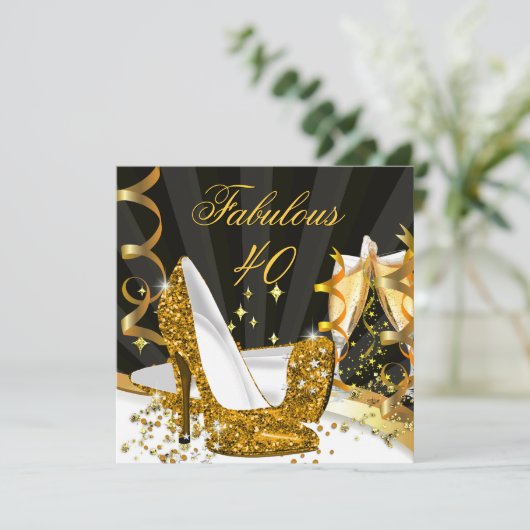 素晴らしい40女性の金ゴールドハイヒールシャンパーニュパーティー 招待状 (スタンド正面)