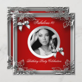 素晴らしい40赤エレガントダイヤモンドシルバーブラック写真 招待状 (正面/裏面)