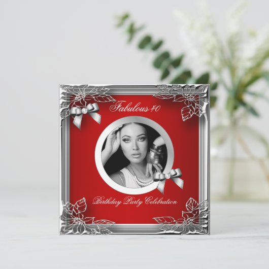 素晴らしい40赤エレガントダイヤモンドシルバーブラック写真 招待状 (スタンド正面)