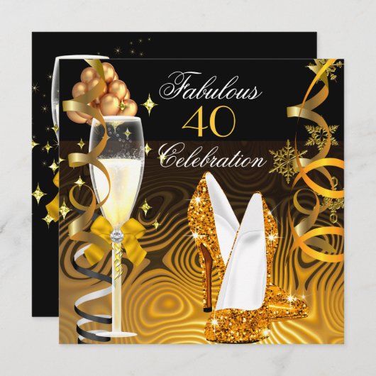 素晴らしい40金ゴールドイエローグリッター誕生日パーティー 招待状 (正面/裏面)