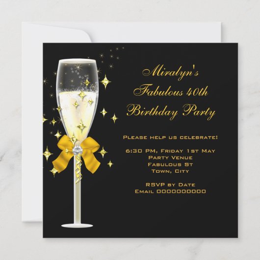 素晴らしい40金ゴールドイエローグリッター誕生日パーティー 招待状 (裏面)