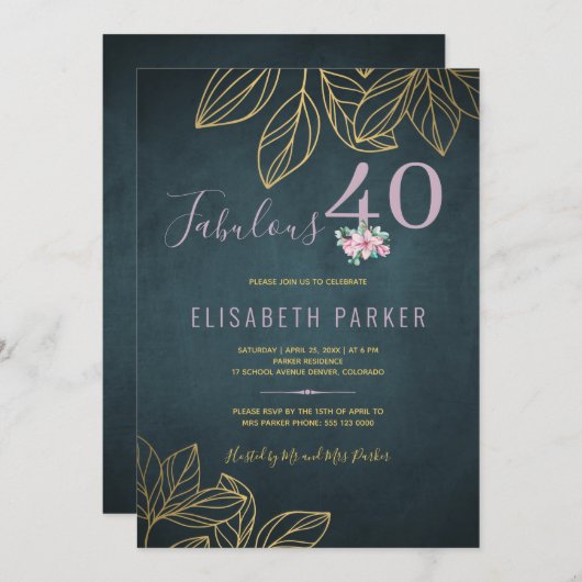 素晴らしい40金ゴールドネイビーメイブ40歳の誕生日パーティー 招待状 (正面/裏面)