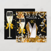 素晴らしい40金ゴールドブラックイエローバブルパーティー 招待状 (正面/裏面)