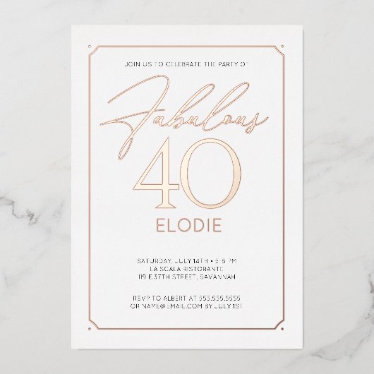 素晴らしい40 エレガント 40thバースデーフォイル招待状 箔招待状 (正面)
