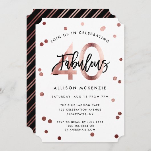 素晴らしい40 |バラモダン金ゴールドブラシ誕生日 招待状 (正面/裏面)