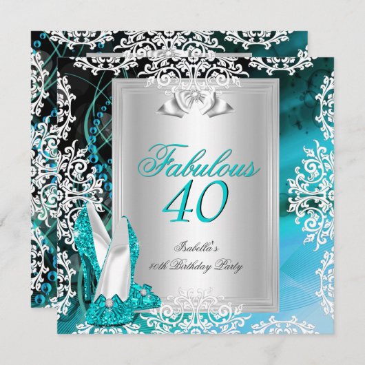 素晴らしい40 40th誕生日パーティーブルーティール(緑がかった色)靴2 招待状 (正面/裏面)