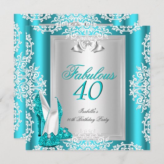 素晴らしい40 40th誕生日パーティーブルーティール（緑がかった色）靴 招待状 (正面/裏面)