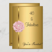 素晴らしい40th誕生日金ゴールドパールピンクの花 招待状 (正面/裏面)