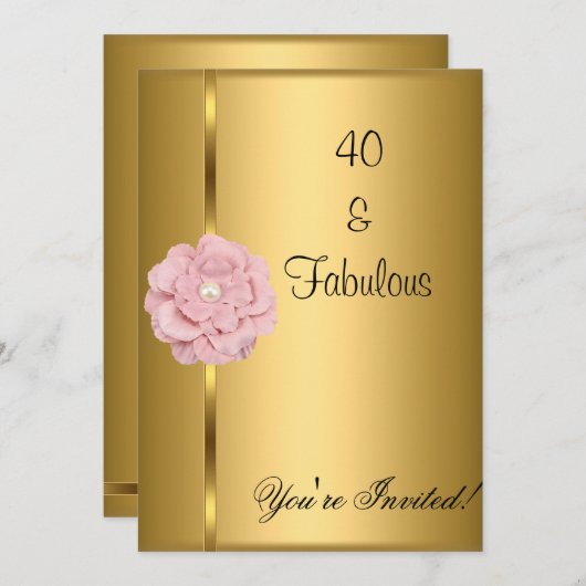 素晴らしい40th誕生日金ゴールドパールピンクの花 招待状 (正面/裏面)