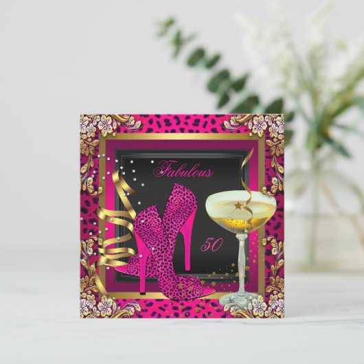 素晴らしい50さくらんぼピンクヒョウ誕生日 招待状 (スタンド正面)