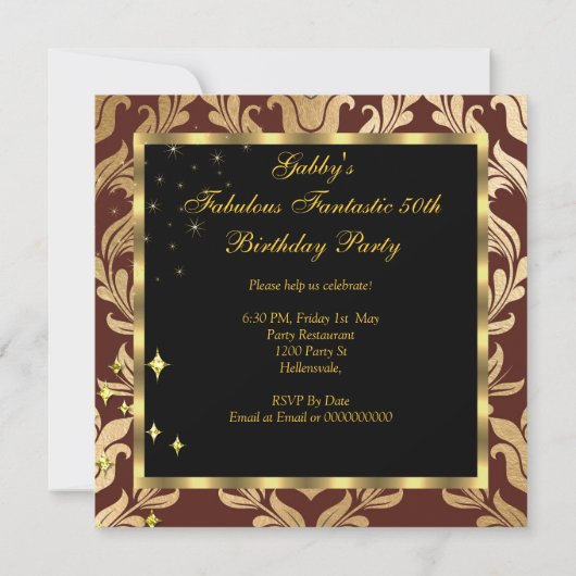 素晴らしい50とファンタスティックなブラウン金ゴールドダマスクパーティー 招待状 (裏面)