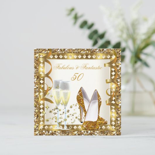 素晴らしい50とファンタスティッククリーム金ゴールドグラム誕生日 招待状 (スタンド正面)
