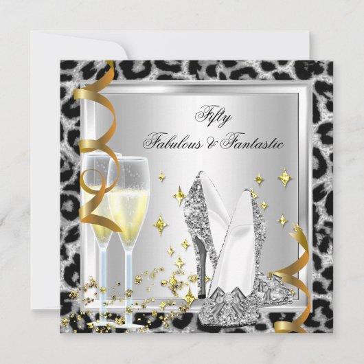素晴らしい50とファンタスティックシルバーレオパード誕生日 招待状 (正面)