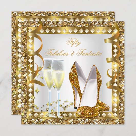 素晴らしい50とファンタスティックホワイト金ゴールドグラム誕生日 招待状 (正面/裏面)