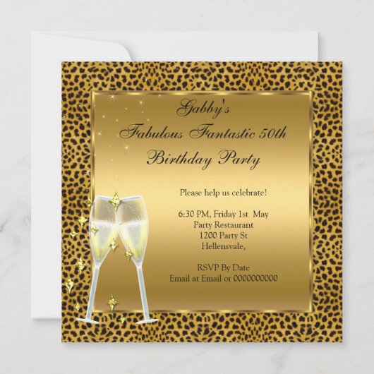 素晴らしい50とファンタスティックLeopardブラック金ゴールドパーティー2 招待状 (裏面)
